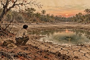 Un joven mira un ojo que aparece en el agua de una laguna casi seca.