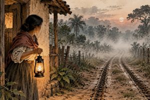 Una mujer con una lámpara mira las huellas de un carretón que se pierden en la niebla.