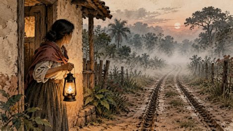 Una mujer con una lámpara mira las huellas de un carretón que se pierden en la niebla.