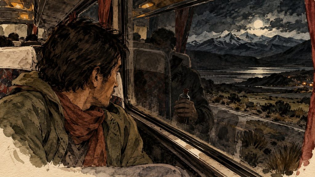 Un viajero ve una figura oscura reflejada en la ventana de un autobús nocturno.
