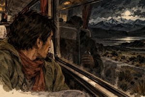 Un viajero ve una figura oscura reflejada en la ventana de un autobús nocturno.