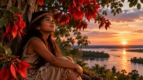Una niña junto a un río argentino al atardecer