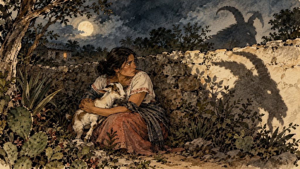 Huay Chivo: cuento inspirado en una leyenda de Yucatán 1 Una mujer protege a una cabra junto a un muro mientras aparece una enorme sombra con cuernos.
