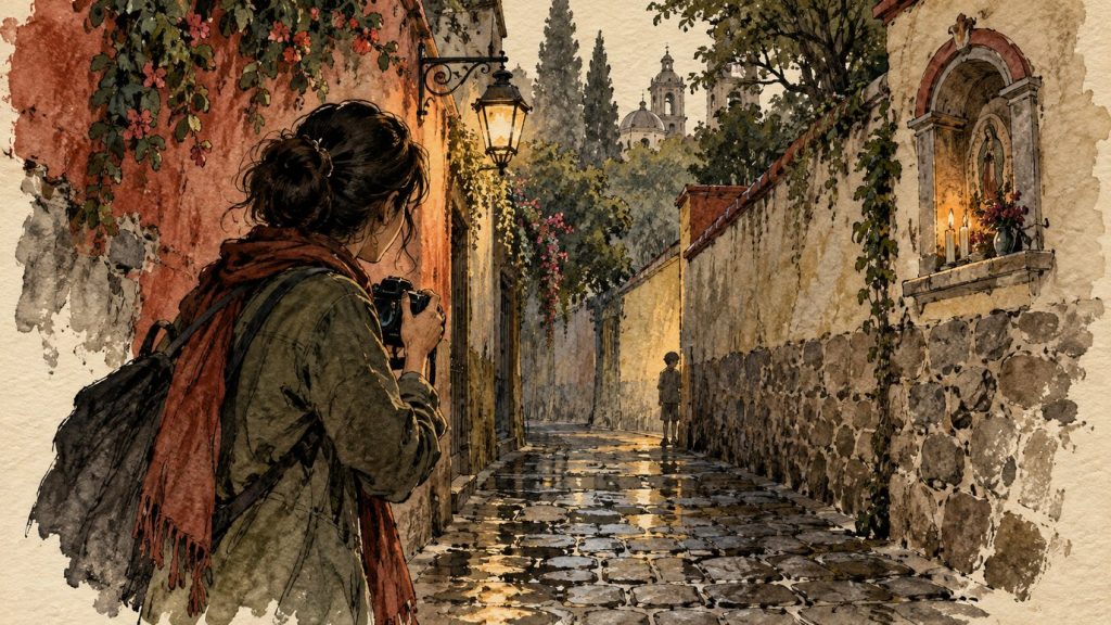 Callejón del Aguacate: leyenda de Coyoacán y una recreación de misterio 1 Una mujer con una cámara recorre un callejón estrecho donde se ve una figura infantil a lo lejos.