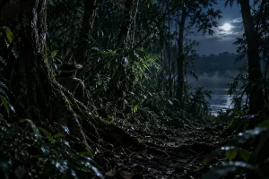 Una figura discreta de sombrero ancho se oculta entre los árboles de un monte nocturno