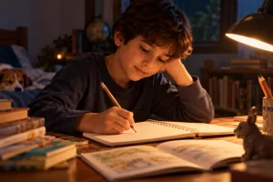 Un niño escribe un cuento en una mesa iluminada por una lámpara