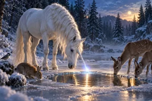 Un unicornio permite beber a los animales de un bosque nevado