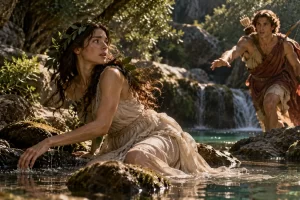 Dafne huye entre los árboles de un bosque