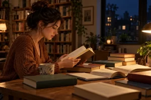 Una lectora elige entre varios libros de cuentos en una biblioteca iluminada por una lámpara