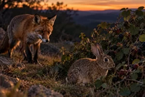 Un zorro observa a un conejo junto a un arbusto de zarzamoras
