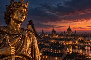 Una golondrina visita la estatua del príncipe feliz al anochecer