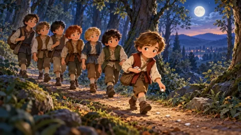 Pulgarcito guía a sus seis hermanos por un bosque siguiendo piedras blancas.