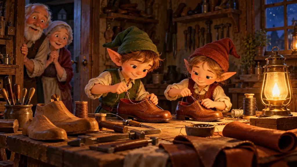 El zapatero y los duendes: cuento adaptado de los hermanos Grimm 1 Dos duendes cosen zapatos en un taller mientras la pareja de zapateros observa.