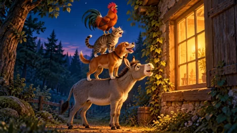 Un burro, un perro, un gato y un gallo cantan juntos junto a una ventana iluminada.