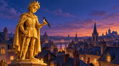 La estatua dorada del príncipe feliz sostiene una golondrina sobre la ciudad.