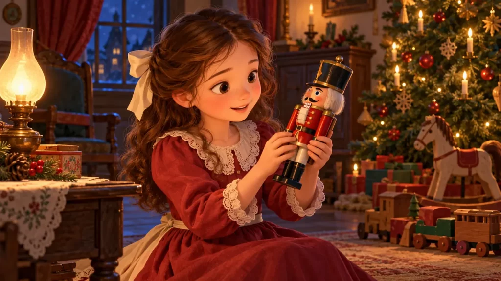 Marie sostiene un cascanueces de madera junto al árbol de Navidad.