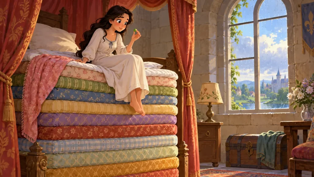 La princesa y el guisante: cuento adaptado de Hans Christian Andersen 1 Una joven observa un guisante sentada sobre una cama alta con colchones y mantas de colores.