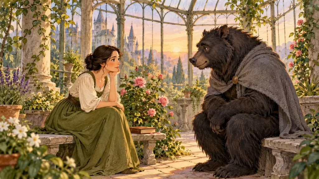 La bella y la bestia: cuento adaptado de Leprince de Beaumont 1 Bella conversa con una criatura de pelaje oscuro junto a un rosal en un invernadero.