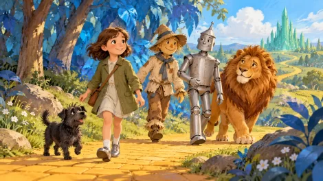 Dorothy con zapatos plateados y Totó viajan junto al Espantapájaros, el Leñador de Hojalata y el León.