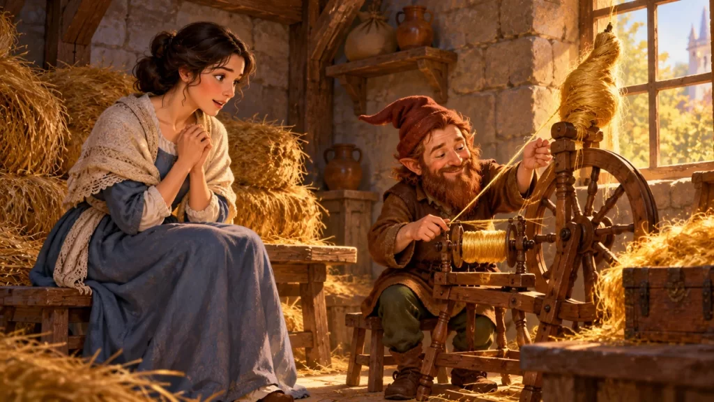 Una joven observa a un pequeño personaje fantástico hilando oro con una rueca junto a montones de paja.