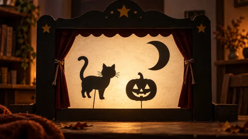 Teatro de sombras: cómo hacerlo y un guion de Halloween 1 Un teatrillo muestra siluetas de un gato, una calabaza y una luna en una pantalla iluminada.