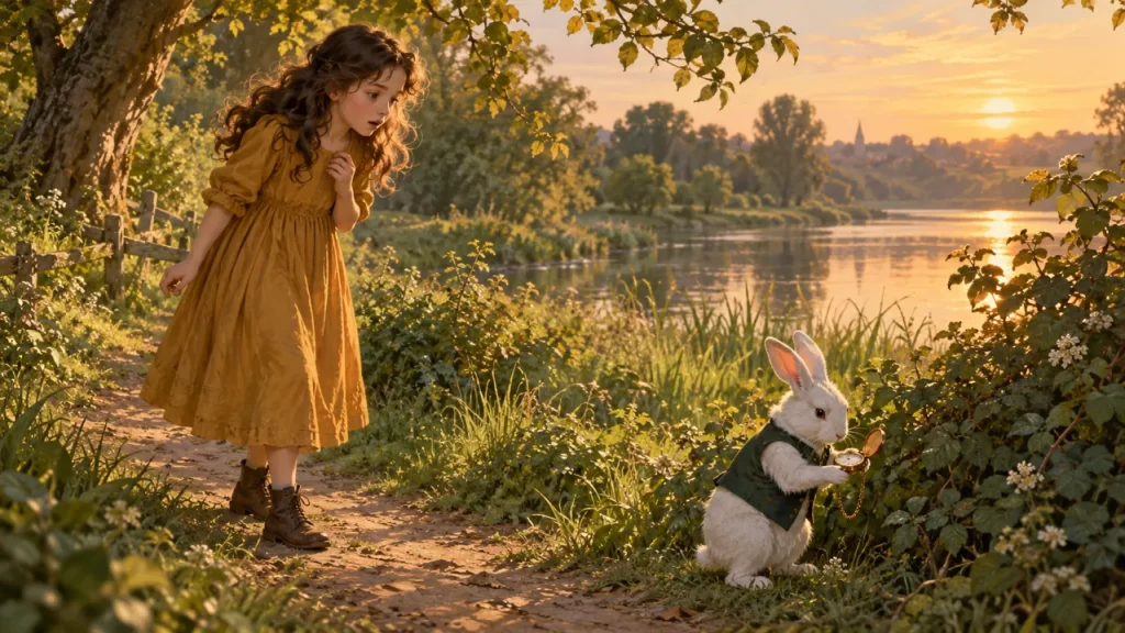 Una niña con vestido ocre observa a un conejo blanco con chaleco y reloj junto a un sendero y un río.