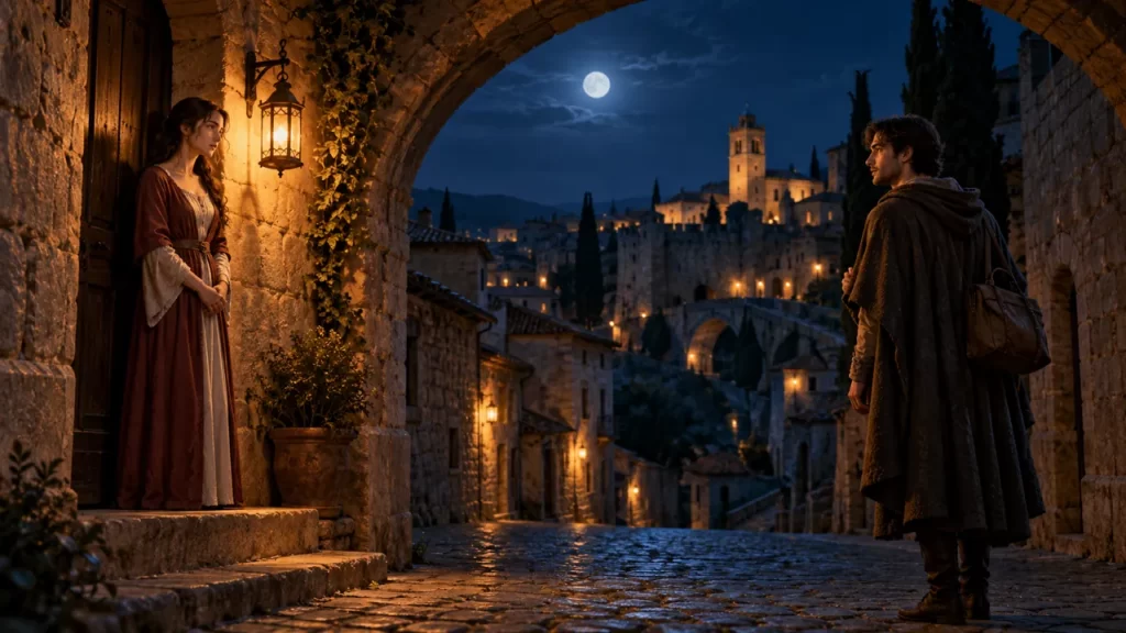 Los amantes de Teruel: la leyenda de Diego e Isabel 1 Dos jóvenes adultos se despiden bajo un arco de piedra iluminado por un farol en una ciudad medieval imaginada.