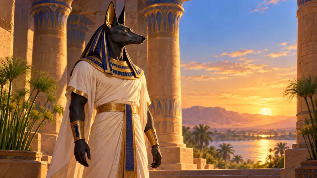 Anubis: quién era y cómo reconocer al dios egipcio 1 Interpretación artística de Anubis con cabeza canina y ropaje egipcio.