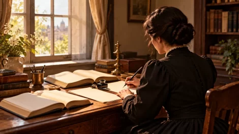 Una mujer adulta de espaldas escribe entre libros y hojas ante una ventana.