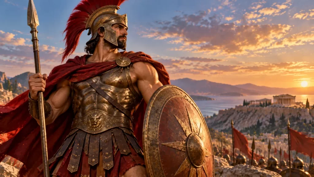 Ares: el dios griego de la guerra y cómo aparece en los mitos 1 Ares con casco, lanza y escudo en un paisaje griego interpretativo.