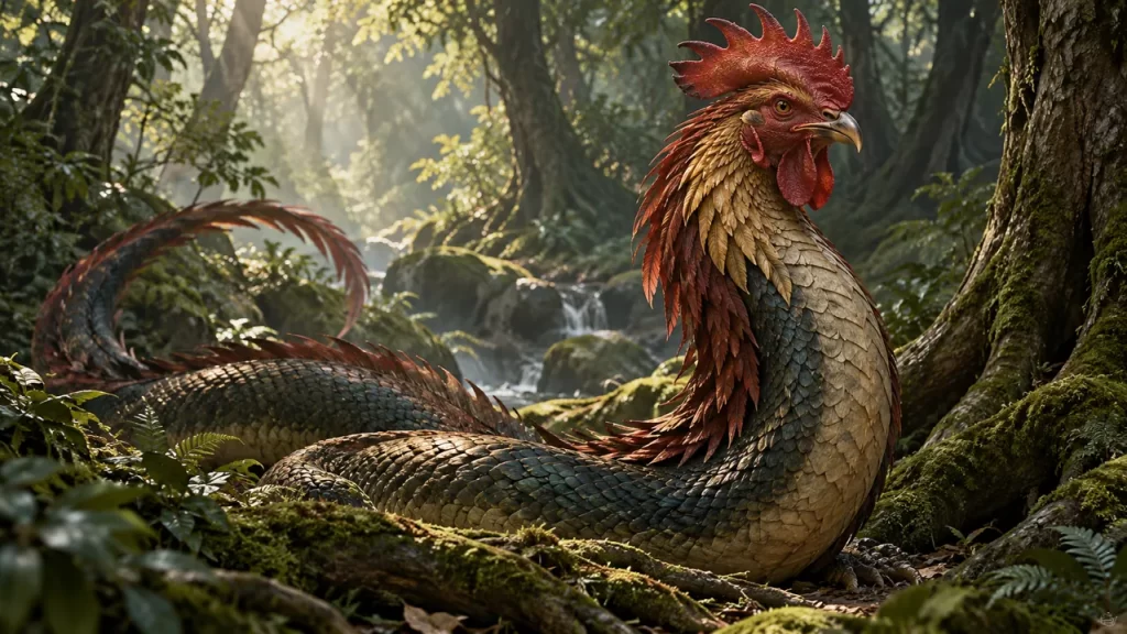 Criatura fantástica de cabeza de gallo y cuerpo de serpiente en un bosque.