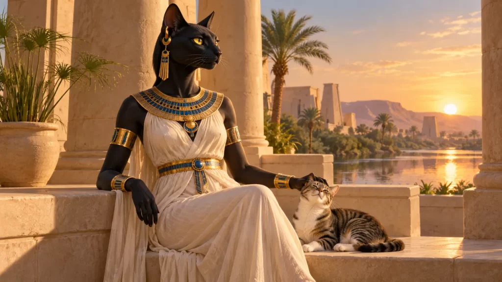 Interpretación moderna de Bastet con cabeza de gata negra y un gato doméstico a su lado.