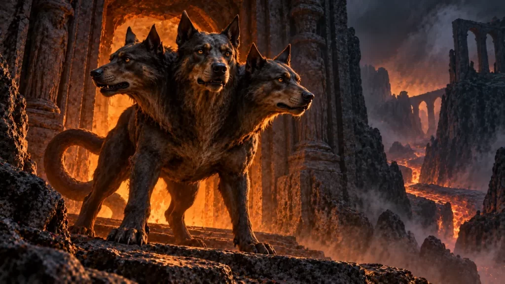 Cerbero: el guardián del mundo subterráneo en los mitos griegos 1 Perro fantástico de tres cabezas custodia un portal de piedra.