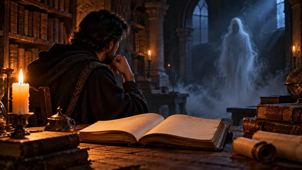 Un personaje fantástico observa un libro en una biblioteca y una figura de niebla al fondo.