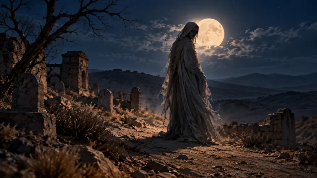 Figura misteriosa en un camino junto a un cementerio bajo la luna.