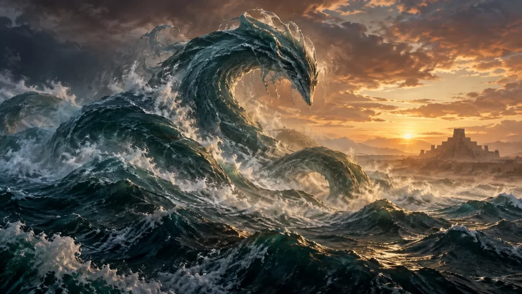 Tiamat: su papel en el Enuma Elish y el combate con Marduk 1 Presencia mitológica formada por olas junto a un zigurat lejano.