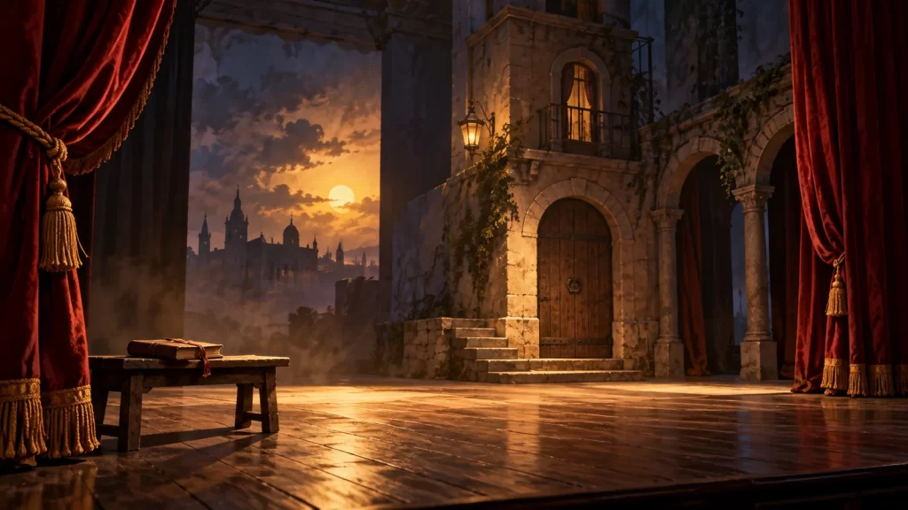 Escenario teatral con telones rojos y una puerta de torre ficticia.
