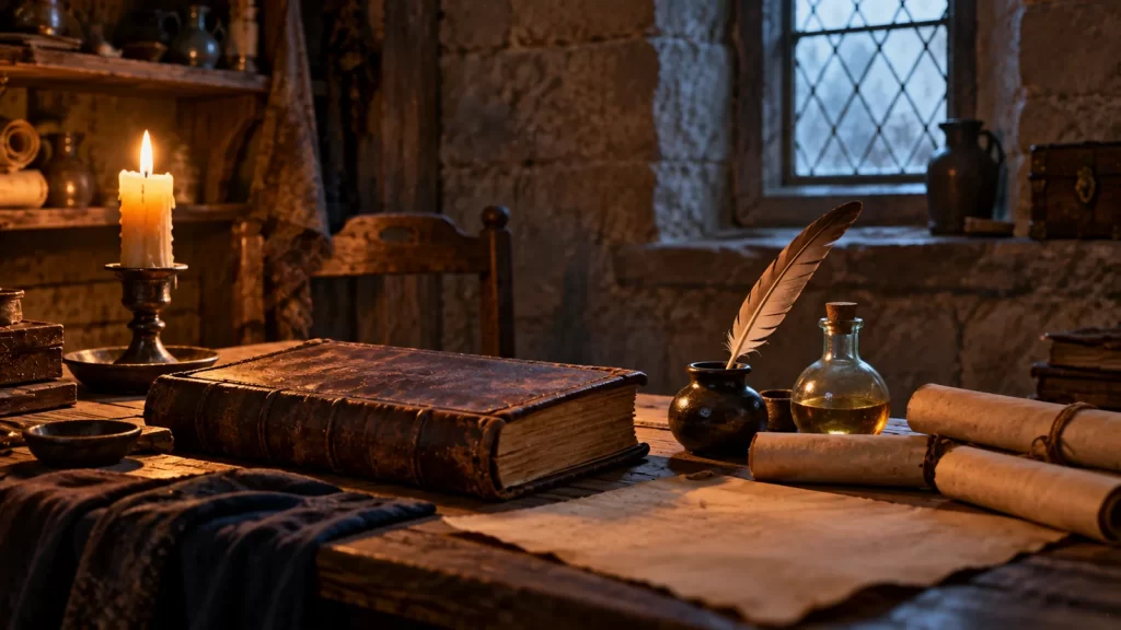 Nicolas Flamel: el hombre histórico y la leyenda del alquimista 1 Un libro cerrado, pergaminos, pluma y vela sobre una mesa de un estudio medieval ficticio.