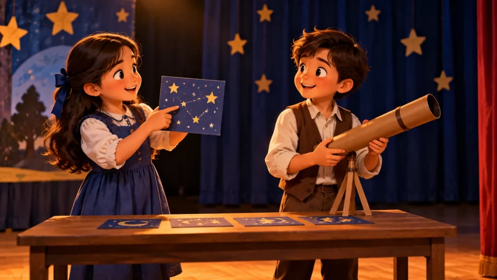 Obras de teatro cortas para dos personajes: dos guiones infantiles 1 Dos actores infantiles ensayan con un tubo de cartón y tarjetas de estrellas sobre un escenario escolar.