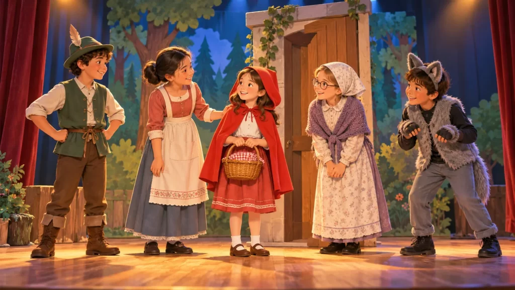Caperucita Roja: guion de teatro para cinco personajes 1 Cinco actores representan a Caperucita, Madre, Abuela, Lobo y Guardabosques en un escenario escolar.