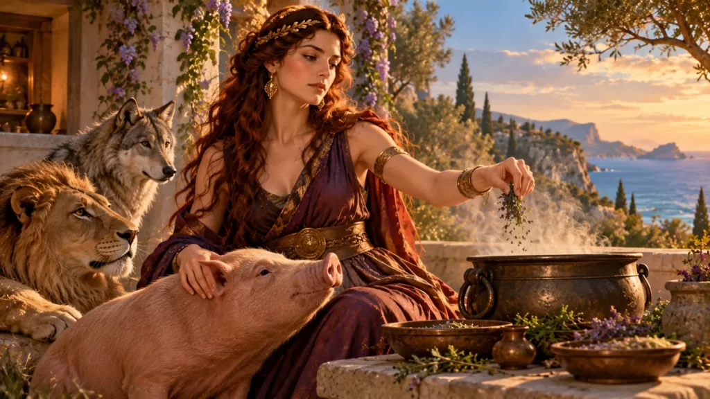 Circe: quién es en la mitología griega y qué sucede en su isla 1 Circe prepara hierbas junto a un cerdo, un león y un lobo.