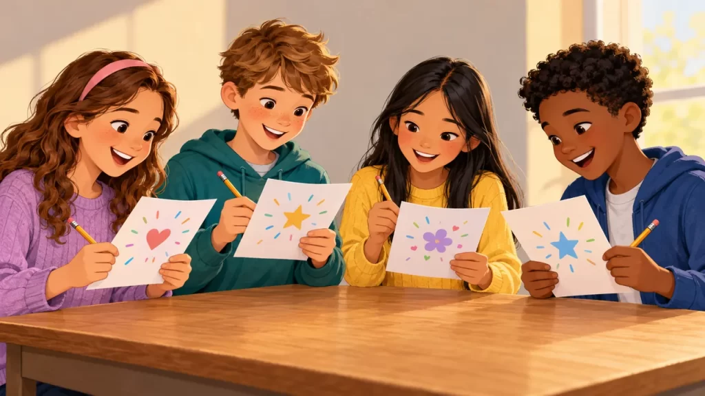 Cuatro niños con hojas y lápices preparan invitaciones alrededor de una mesa.