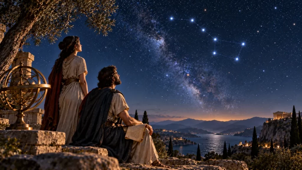 Dos observadores de una escena antigua imaginaria contemplan las estrellas