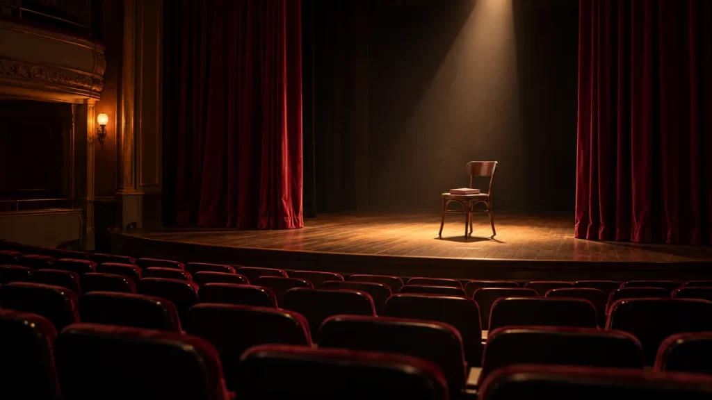 Un escenario vacío con una silla y un libreto bajo un foco cálido, frente a filas de butacas.