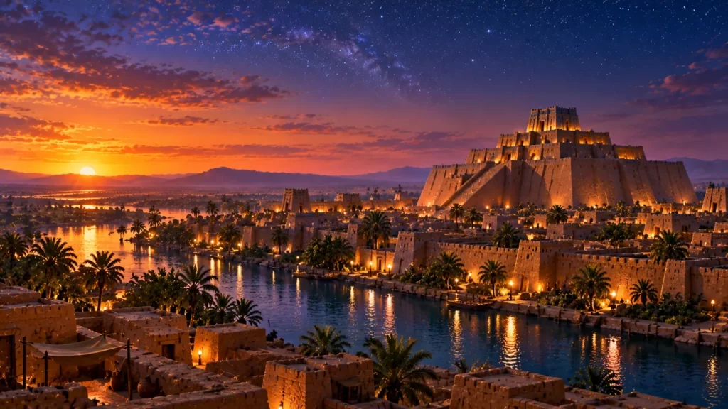 Ciudad sumeria interpretativa con un zigurat al anochecer.