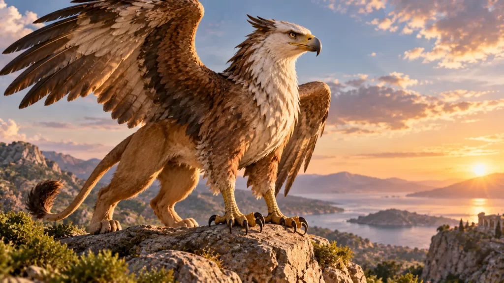 Grifo con cabeza y alas de águila y cuerpo de león sobre una roca.
