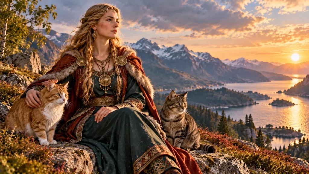 Freyja representada junto a dos gatos en un paisaje nórdico.