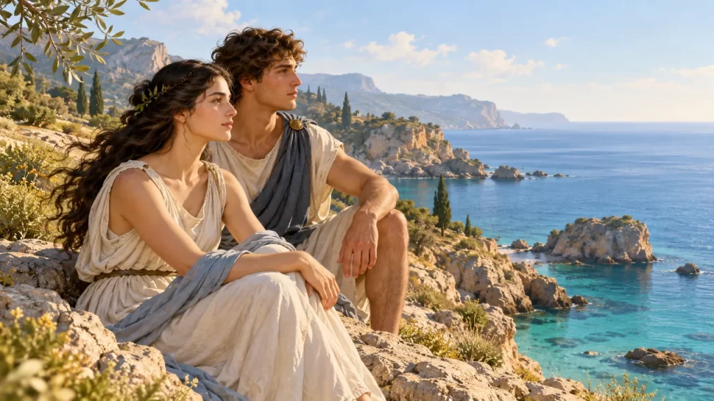 Una pareja adulta con túnicas de inspiración clásica contempla el mar desde una costa rocosa.