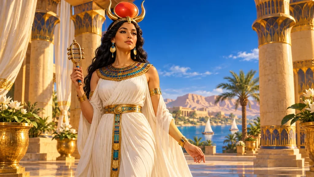 Interpretación artística de Hathor con cuernos, disco solar y un sistro.