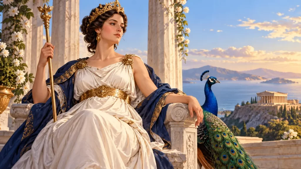 Hera sentada con corona, cetro y pavo real en un paisaje griego.